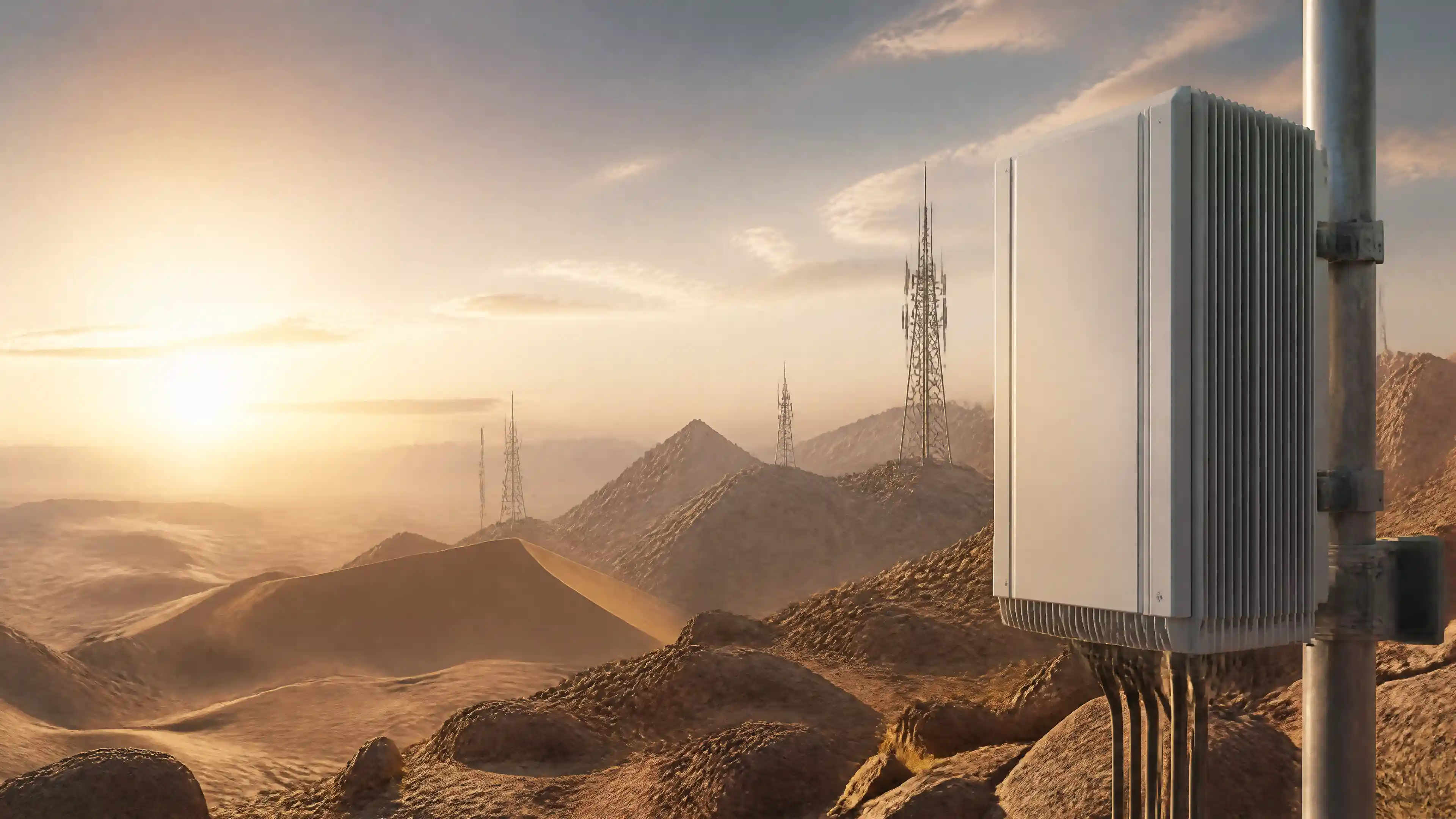 Network infrastructure designed for extreme desert climates with rugged switches, outdoor access points, cooling, and protective enclosures